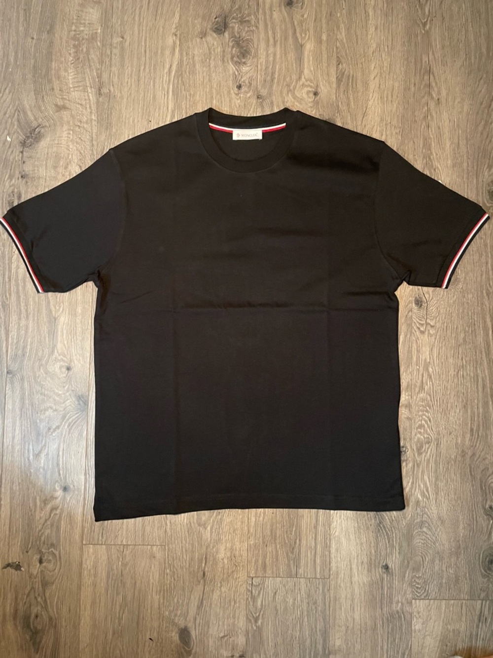 Moncler T-Shirt Black Logo Patch Sleeve Striped Trim Tee Men’s Size XL